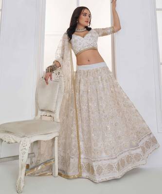 Off White Net sequin embroidered lehenga set with choli and Dupatta 1