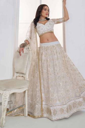 Off White Net sequin embroidered lehenga set with choli and Dupatta