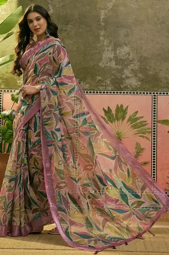 pink linen cotton blend digital printed saree with leaf motifs