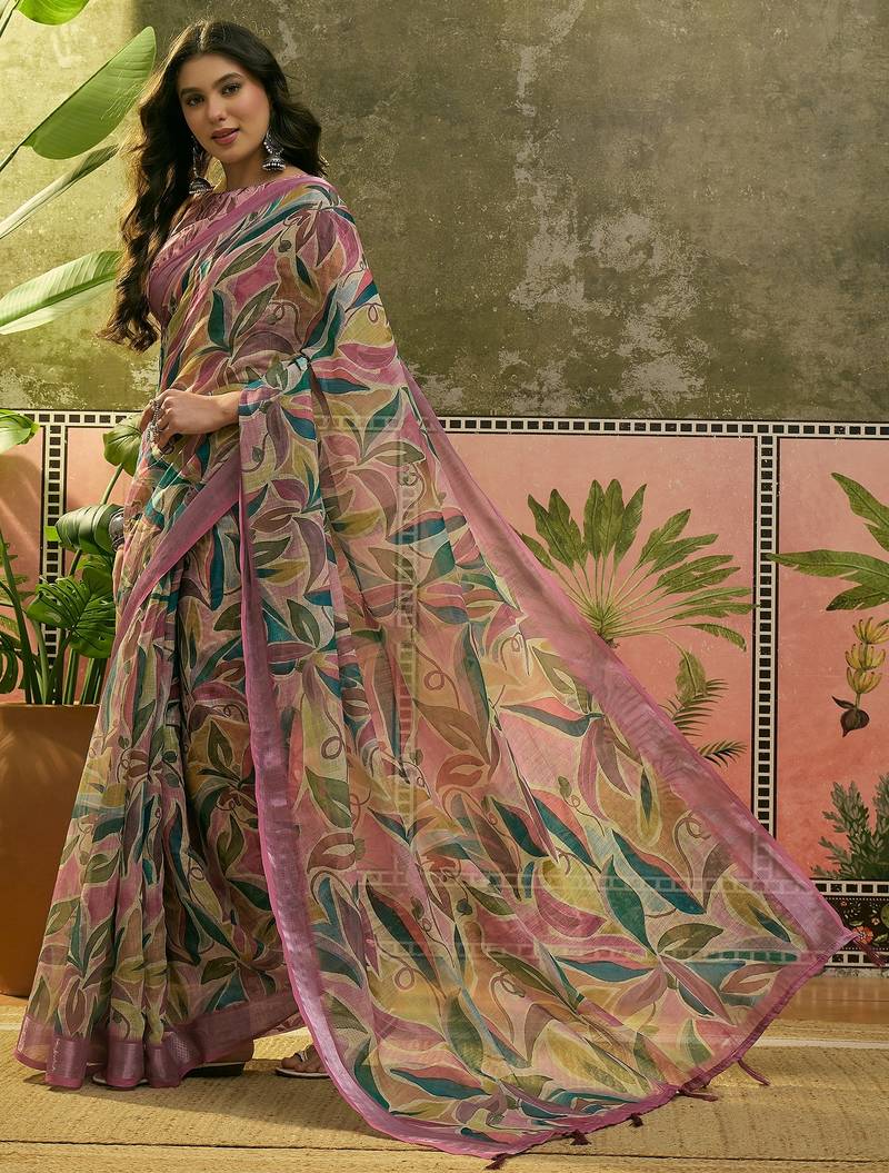 pink linen cotton blend digital printed saree with leaf motifs