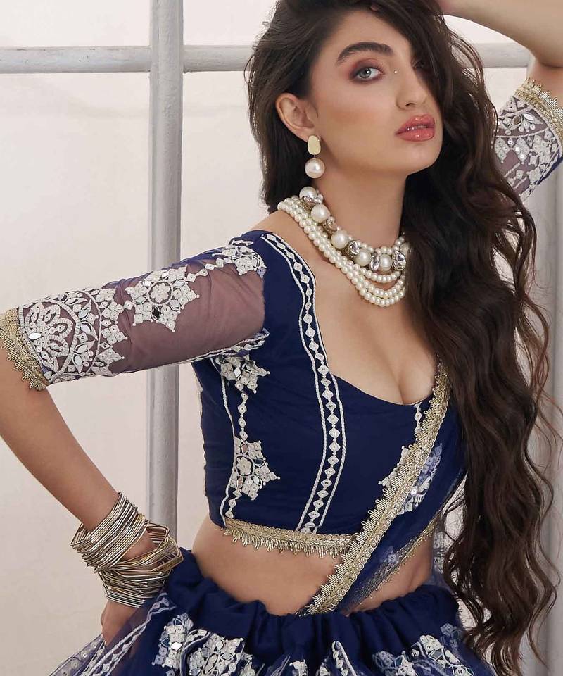 Navy Blue Net sequin embroidered lehenga set with choli and Dupatta