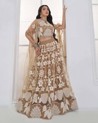 Beige Net sequin embroidered lehenga set with choli and Dupatta 1