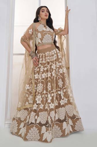 Beige Net sequin embroidered lehenga set with choli and Dupatta