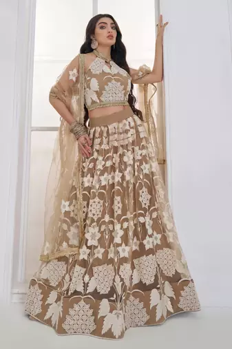 Beige Net sequin embroidered lehenga set with choli and Dupatta