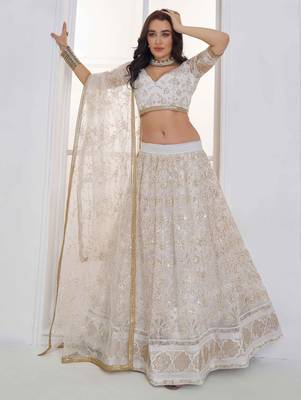 Off White Net sequin embroidered lehenga set with choli and Dupatta 2