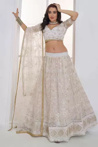 Off White Net sequin embroidered lehenga set with choli and Dupatta