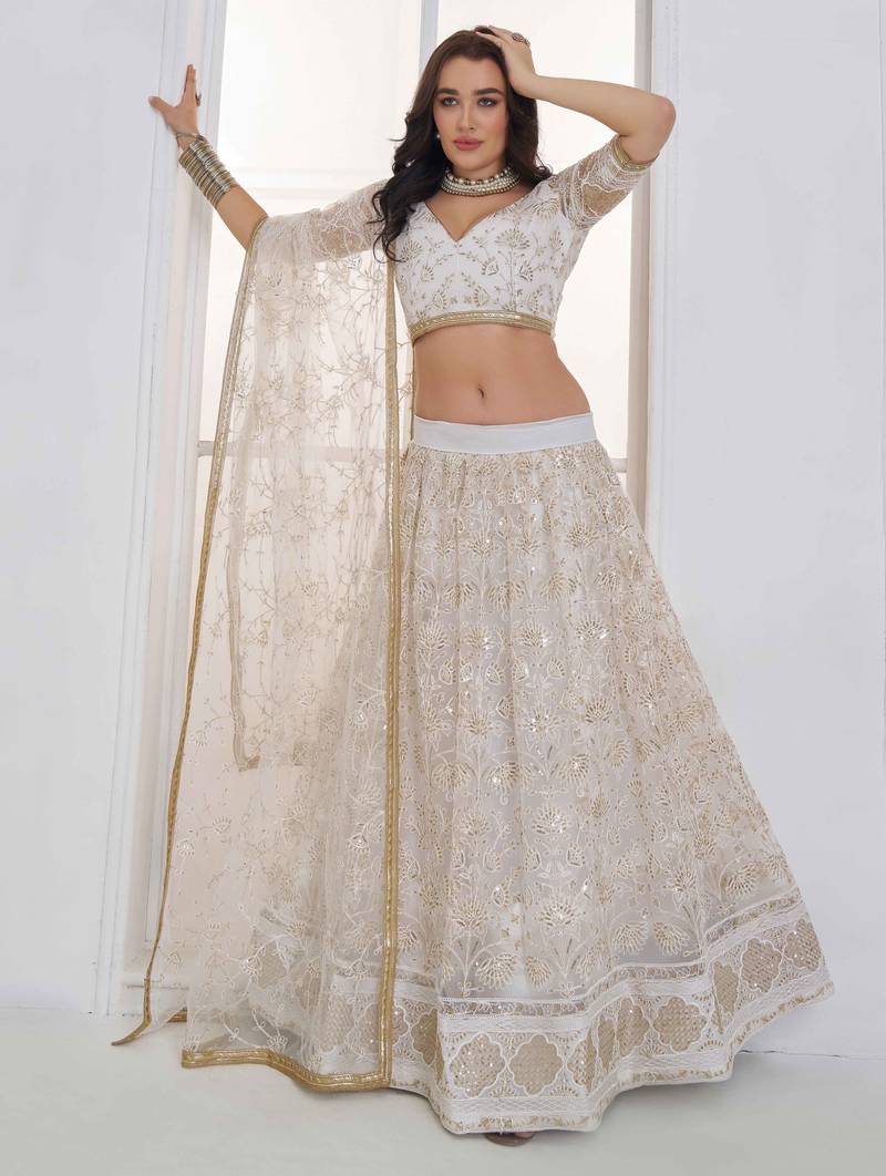 Off White Net sequin embroidered lehenga set with choli and Dupatta