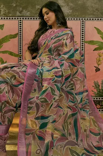 pink linen cotton blend digital printed saree with leaf motifs