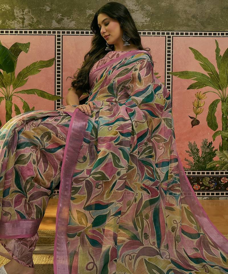 pink linen cotton blend digital printed saree with leaf motifs