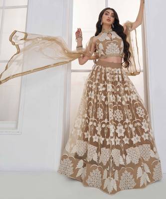Beige Net sequin embroidered lehenga set with choli and Dupatta 2