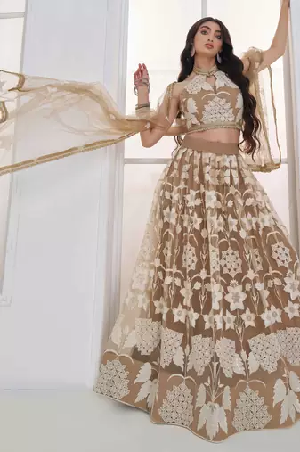 Beige Net sequin embroidered lehenga set with choli and Dupatta