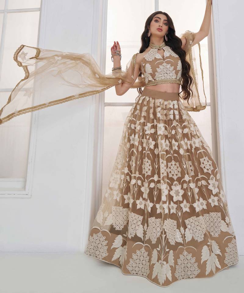 Beige Net sequin embroidered lehenga set with choli and Dupatta