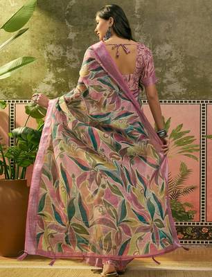pink linen cotton blend digital printed saree with leaf motifs 5
