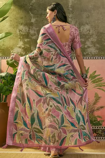 pink linen cotton blend digital printed saree with leaf motifs