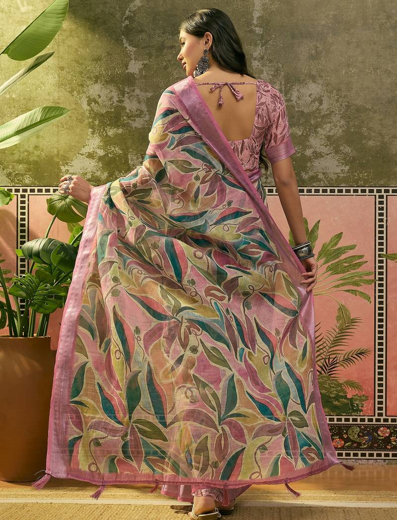 pink linen cotton blend digital printed saree with leaf motifs
