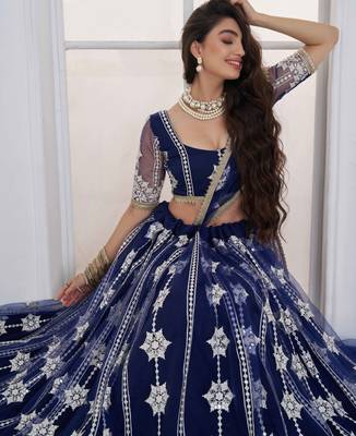 Navy Blue Net sequin embroidered lehenga set with choli and Dupatta 4