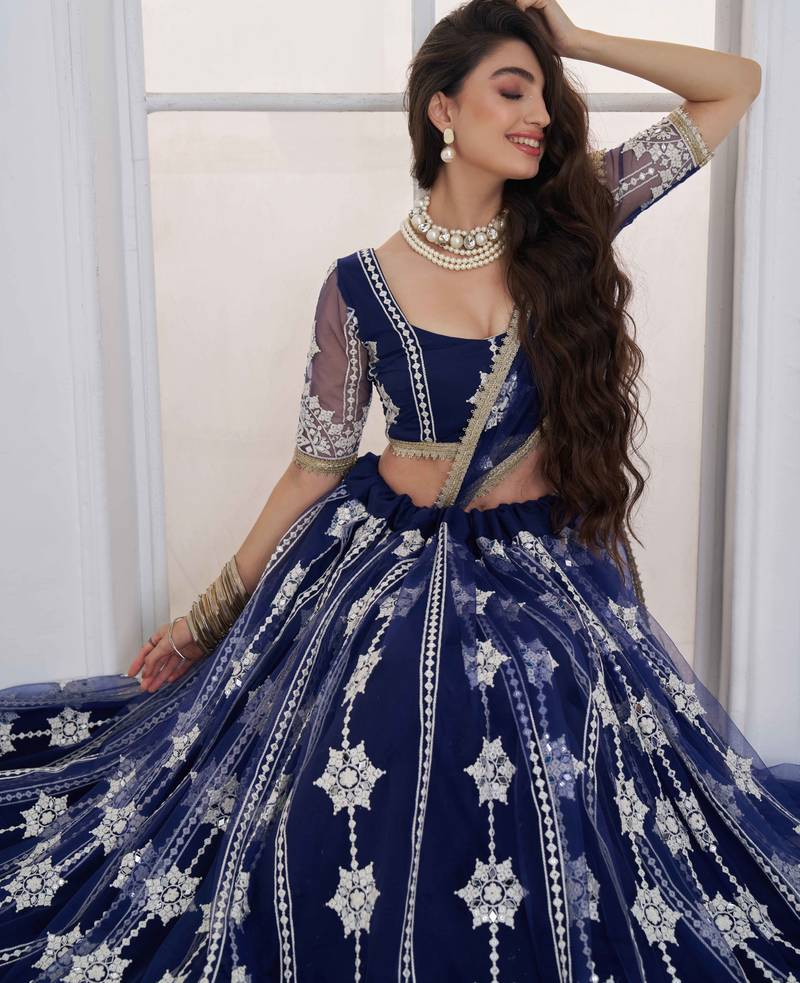 Navy Blue Net sequin embroidered lehenga set with choli and Dupatta