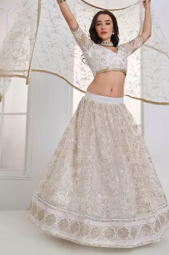 Off White Net sequin embroidered lehenga set with choli and Dupatta