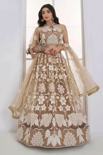 Beige Net sequin embroidered lehenga set with choli and Dupatta