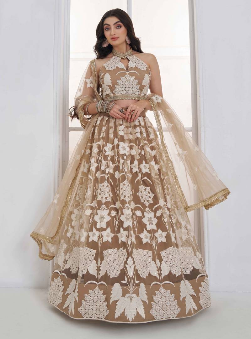 Beige Net sequin embroidered lehenga set with choli and Dupatta