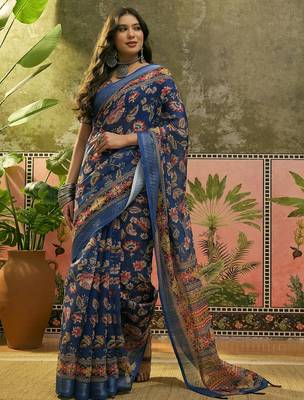 navy blue linen cotton blend digital printed floral saree 1