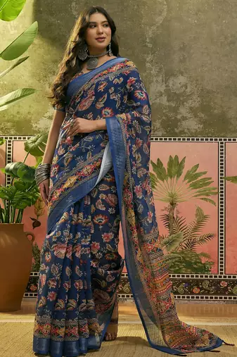 navy blue linen cotton blend digital printed floral saree