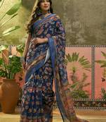 navy blue linen cotton blend digital printed floral saree