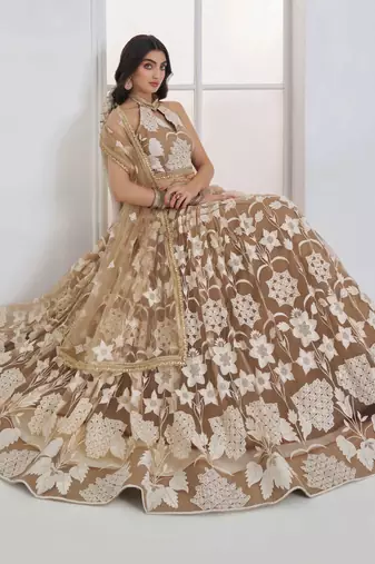 Beige Net sequin embroidered lehenga set with choli and Dupatta