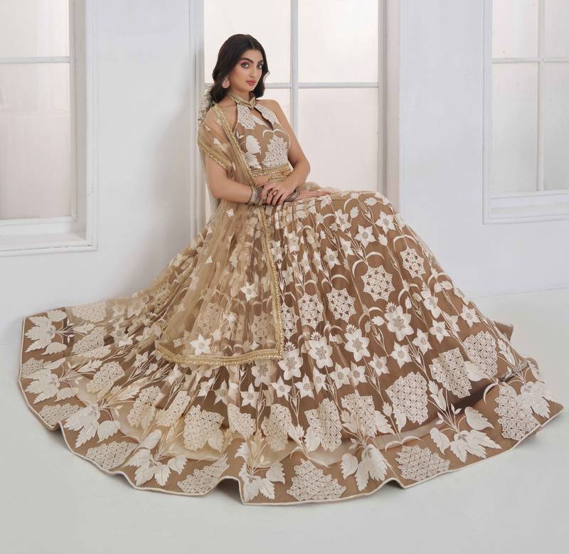 Beige Net sequin embroidered lehenga set with choli and Dupatta
