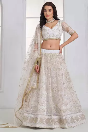 Off White Net sequin embroidered lehenga set with choli and Dupatta