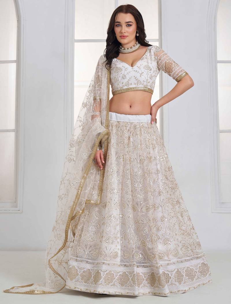 Off White Net sequin embroidered lehenga set with choli and Dupatta
