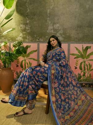 navy blue linen cotton blend digital printed floral saree 2