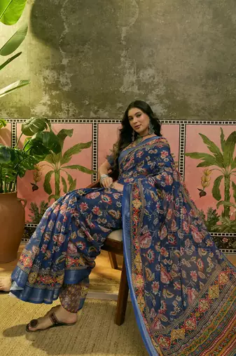 navy blue linen cotton blend digital printed floral saree