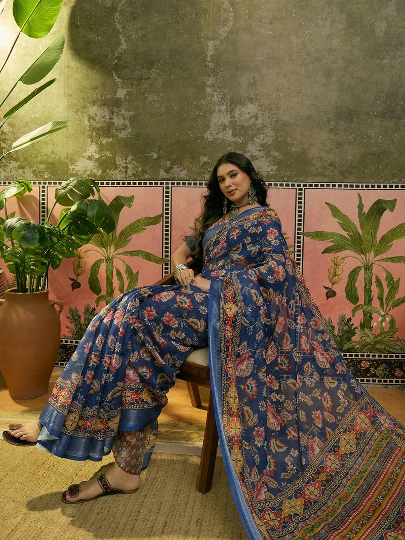 navy blue linen cotton blend digital printed floral saree