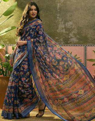 navy blue linen cotton blend digital printed floral saree 3