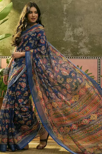 navy blue linen cotton blend digital printed floral saree