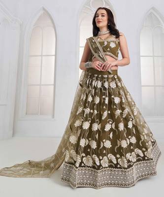 Mehandi Green Net sequin embroidered lehenga set with choli and Dupatta 1
