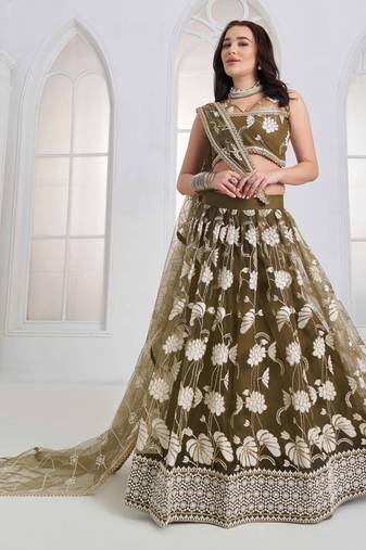 Mehandi Green Net sequin embroidered lehenga set with choli and Dupatta