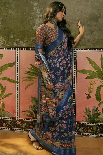 navy blue linen cotton blend digital printed floral saree