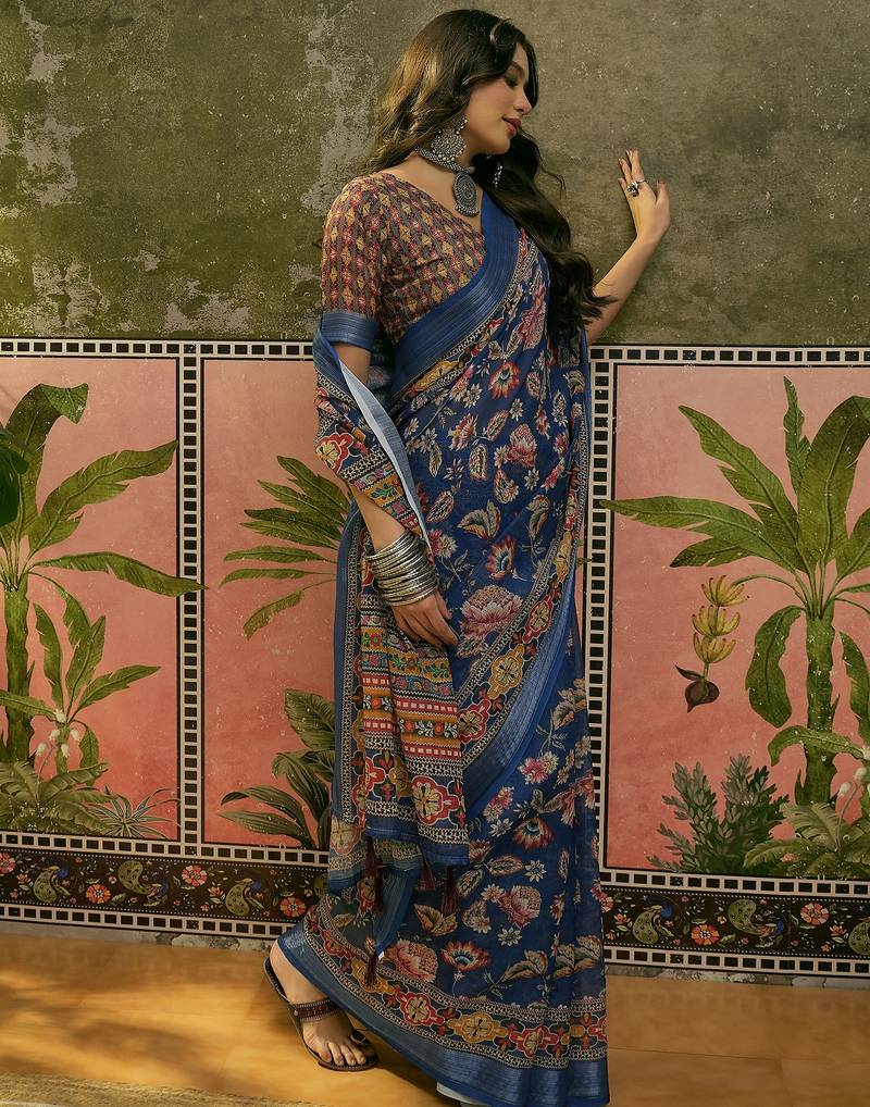 navy blue linen cotton blend digital printed floral saree