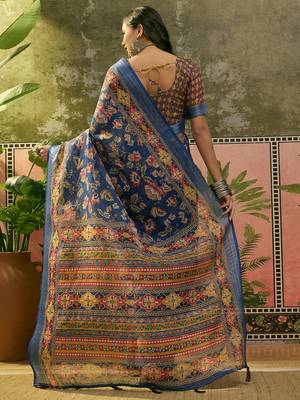 navy blue linen cotton blend digital printed floral saree 5