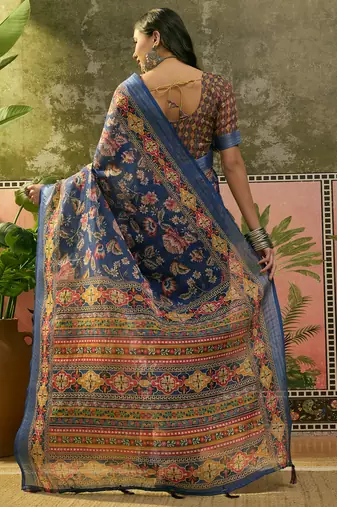 navy blue linen cotton blend digital printed floral saree