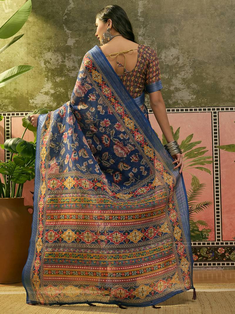 navy blue linen cotton blend digital printed floral saree