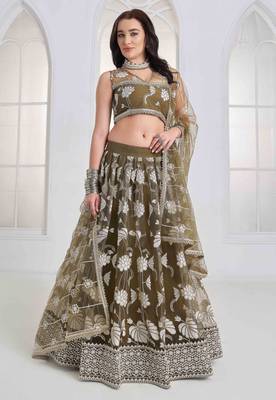 Mehandi Green Net sequin embroidered lehenga set with choli and Dupatta 2