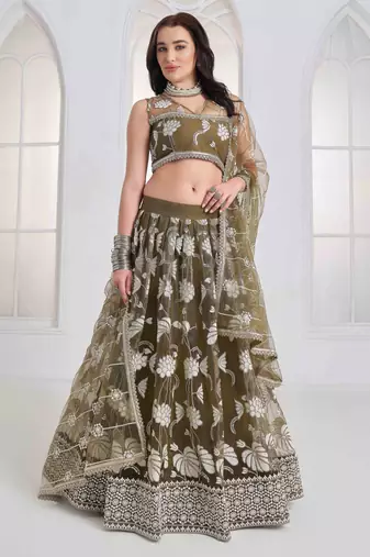 Mehandi Green Net sequin embroidered lehenga set with choli and Dupatta