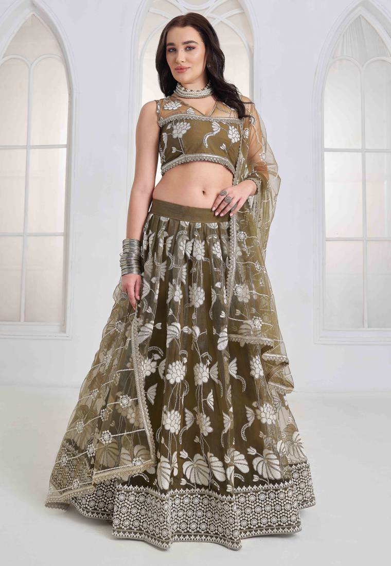 Mehandi Green Net sequin embroidered lehenga set with choli and Dupatta
