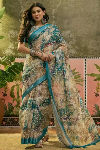 teal linen cotton blend digital printed floral saree