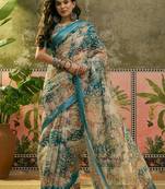 teal linen cotton blend digital printed floral saree