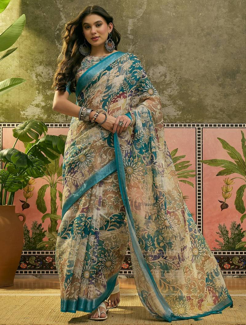 teal linen cotton blend digital printed floral saree