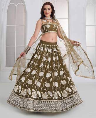 Mehandi Green Net sequin embroidered lehenga set with choli and Dupatta 3
